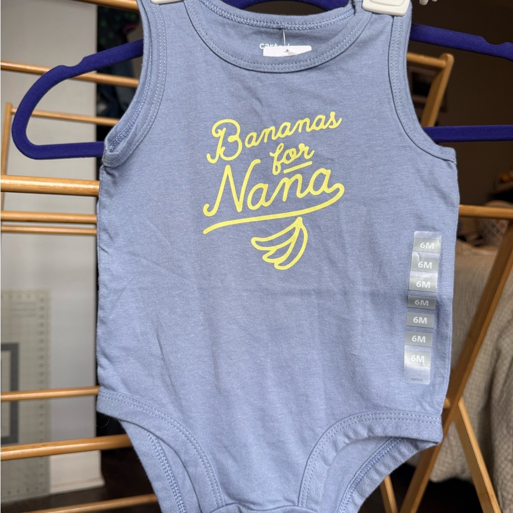 Carter's “Bananas for Nana” onesie in slate blue with Yellow Print, size 6mo